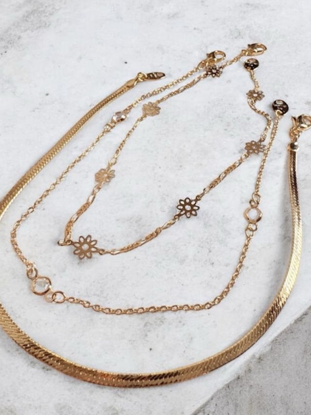 Vintage Avon Gold Anklet Stack NIB Floral Crystal Flat Woven Chains Set of 3